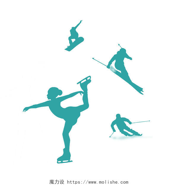 绿色手绘简约冬奥会滑冰滑雪人物运动员剪影元素PNG素材